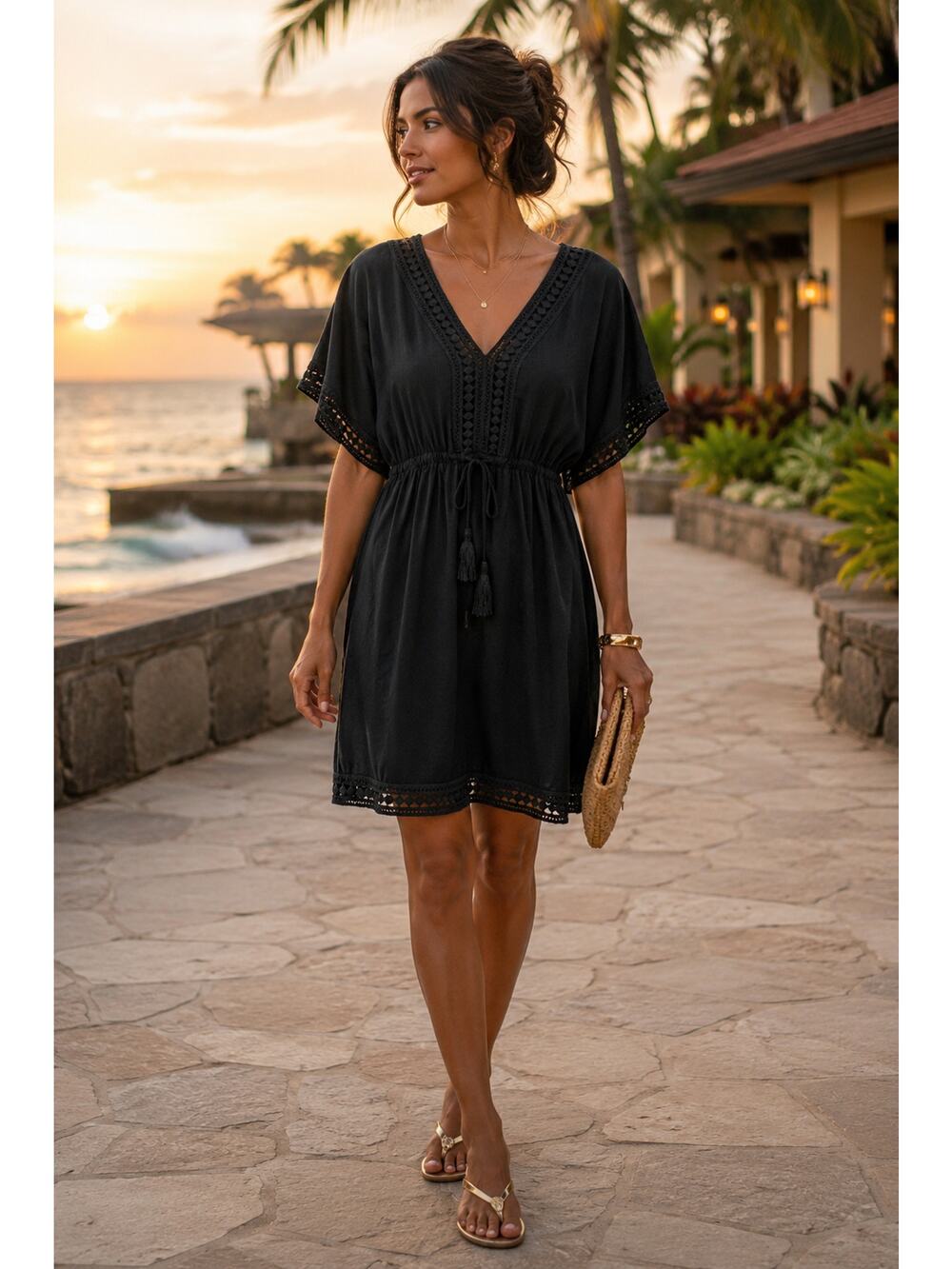 Tommy Bahama Black Resort Dress Medium Boho Crochet Trim Lined Tassel Tie